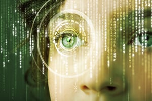 Modern cyber woman with matrix eye concept